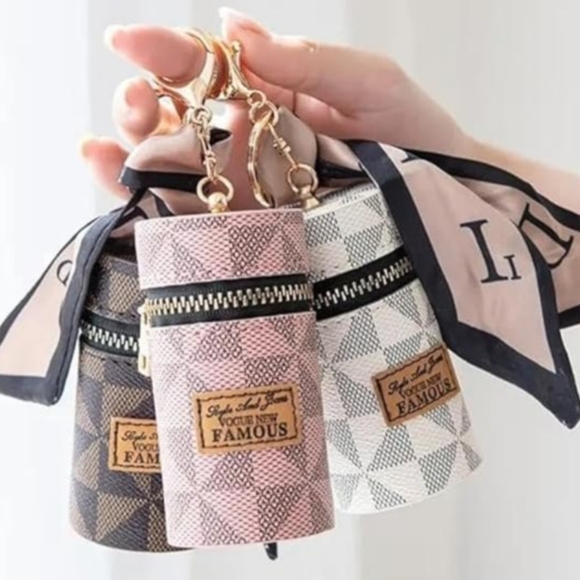 Set Of 3 Fashion Leather Zipped Storage Keychains Brown, Pink & White - Picture 1 of 11